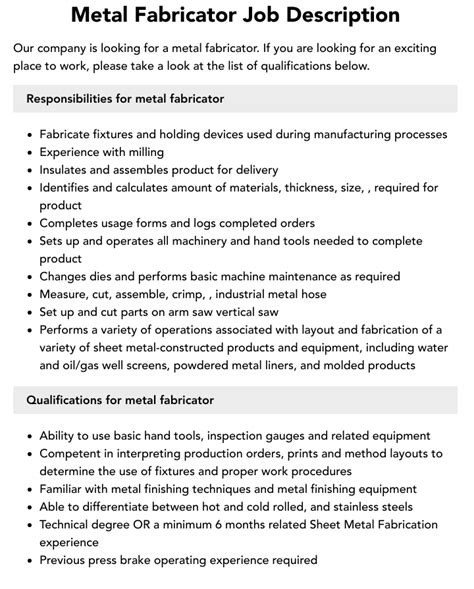 sheet metal job|sheet metal fabrication job duties.